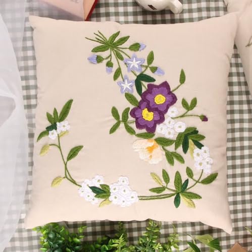 Image of ATOLY Embroidery Kit with Purple Flower Pattern Pillowcase Cover, Instruction, Drawings, for Pillow Cover, Cushion Cover - 17x17 Inches