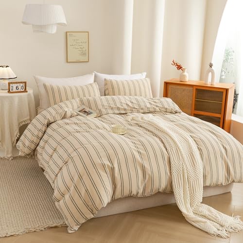 Image of ECOCOTT Duvet Cover Oversized King Size - Linen Feel Organic Natural 100% Washed Cotton, Soft Breathable & Durable Bedding Set, Comfy Stripe Design for All Seasons