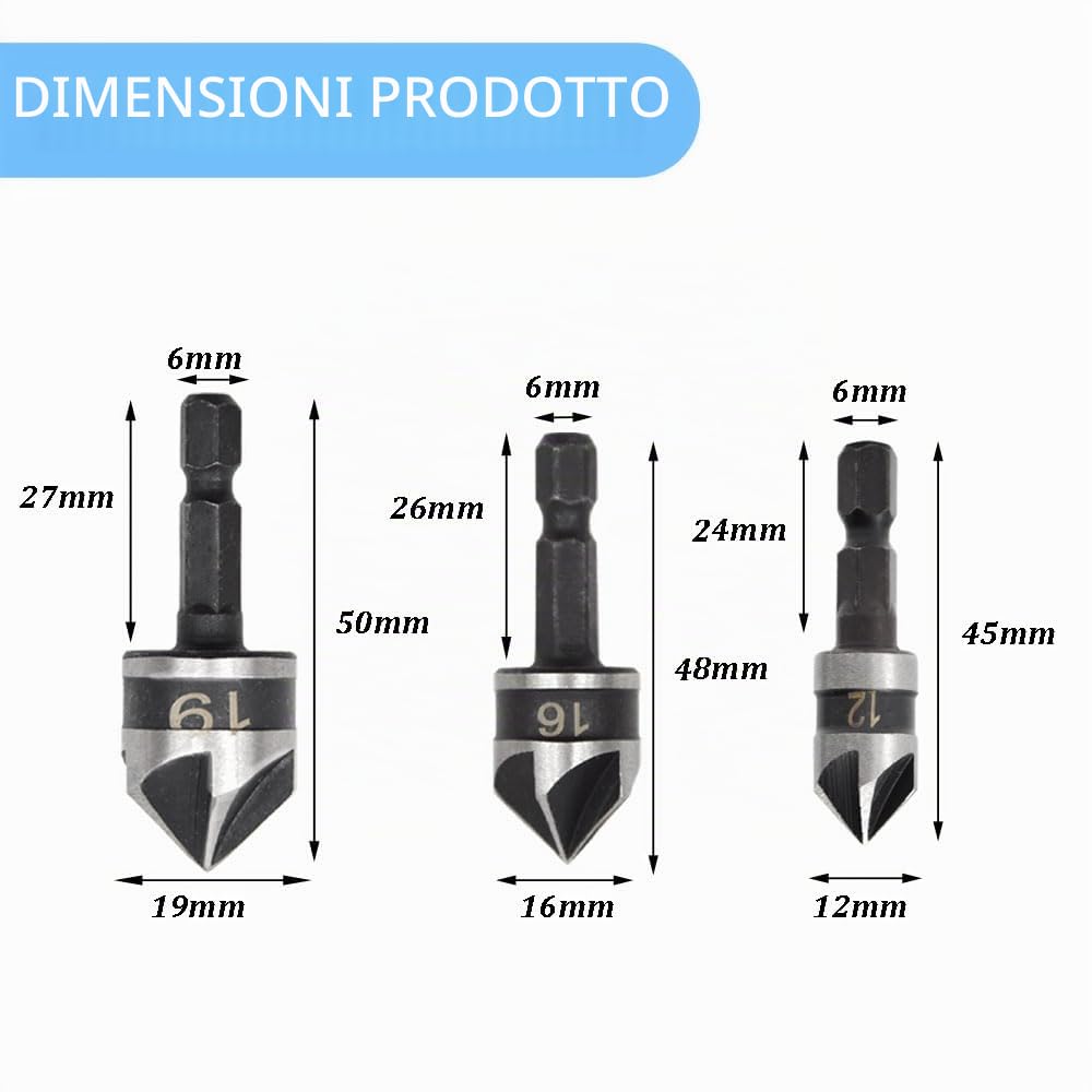 3 Pezzi Hex Countersink Drill Bit Set 5 Flute Gambo Esagonale Punte Trapano Trapano a 5 Taglienti a 90 Gradi Possono Essere Utilizzate Legno e Metallo (12/16/19mm)