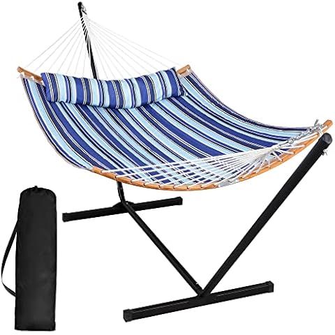 SUNCREAT Double Hammock with Stand Included, Portable Hammock with Stand and Large Pillow, Blue Stripes Cover