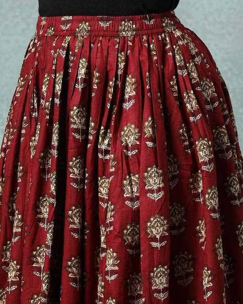 Image of Women's Floral Print Maxi Skirt, Maroon Red, 100% Pure Cotton, Elastic Waist, Full Length, Breathable Fabric