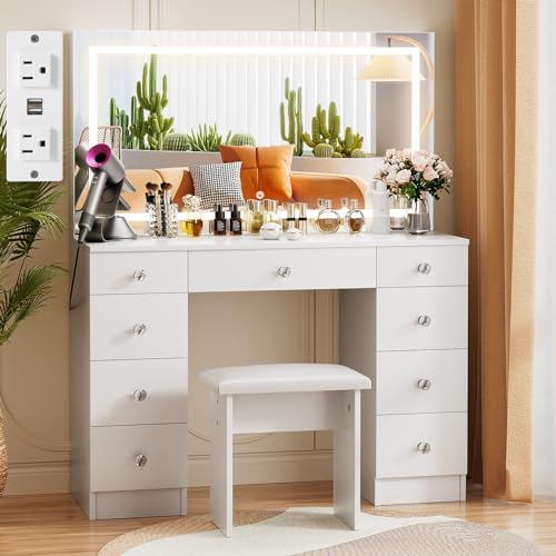 VOWNER Vanity With Lighted Mirror - Makeup Desk With Power Outlet and 9 Drawers, 3 Color Lighting Modes Adjustable Brightness, 43' Table With Soft Cushioned Stool for Bedroom, White