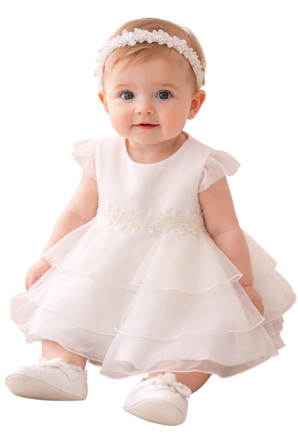 IDO Abito Vestito Cerimonia Battesimo neonata 18 Mesi - 86 cm Color Avorio con 3 Balze in Tulle