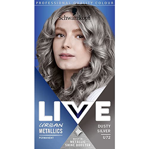 Schwarzkopf LIVE Urban Metallics, Tinte permanente para el cabello plateado polvoriento U72, tinte plateado de larga duración, tinte plateado impregnado con aceite de coco para cabello brillante