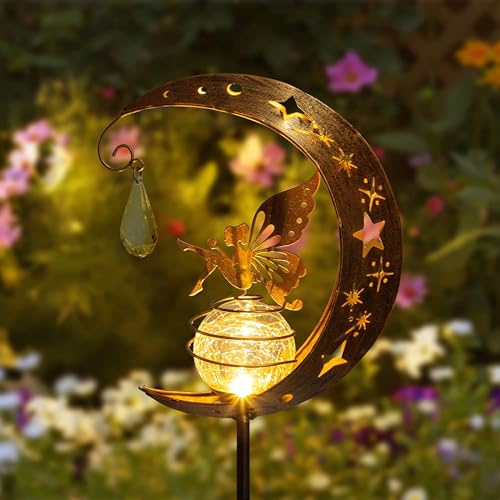 Tremdwoto Solar Lights Garden Decorations, Moon Fairy Light, Solar Crackle Glass Globe