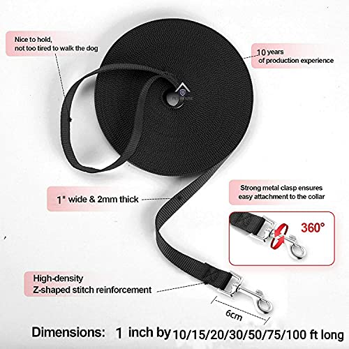 Image of Nylon Dog Training Lead Dog Leash Long Leash 100 Ft Long Leash for Dogs (1 inch Wide) (Black, 100 Feet)