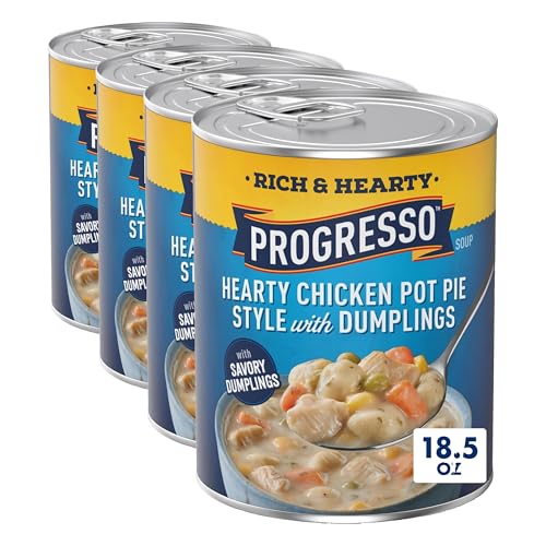 Image of Progresso Hearty Chicken Pot Pie Style with Dumplings Soup, Rich and Hearty Canned Soup, 18.5 oz (Pack of 4)