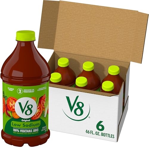 V8 Low Sodium Original 100% Vegetable Juice, 46 fl oz Bottle (Case of 6)