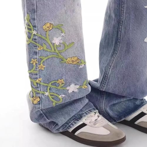 Unisex Floral Embroidery Wide Leg Jeans American Street Style Straight Pants for Summer3