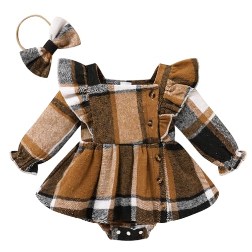 Image of TITKKOP Newborn Baby Girl Fall Winter Clothes Plaid Long Sleeve Romper Buttons Outfit Ruffles Dress with Bow Headband