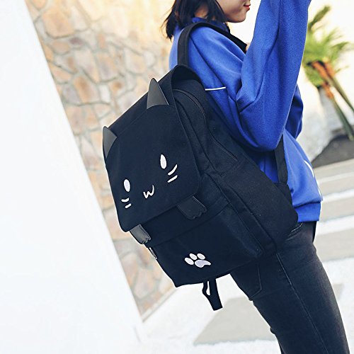 DemonChest Black College Cute Cat Embroidery Canvas School Backpack Bags for Kids Kitty(White)3