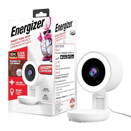 Energizer Smart 2K Wired Indoor Camera with Light for Night Vision, 5GHz & 2.4GHz Wi-Fi, Foldable for Privacy, Remote Access, 130° Wide Angle, Recording, Instant Motion Alerts, Two-Way Audio (White) - image 1