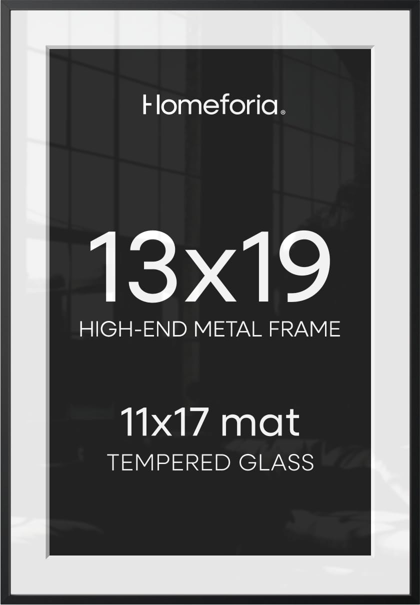 Homeforia 13x19 Black Picture Frame, High-End Metal, 11x17 Mat, Glass