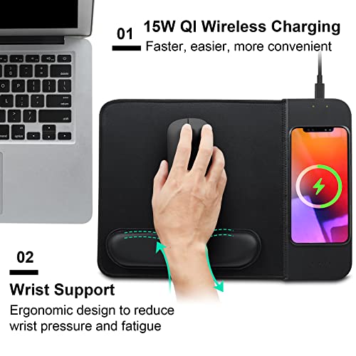 15W Wireless Charging Mouse Pad with Wrist Support, Fast Qi Wireless Charger Mouse Mat for iPhone 16/15/14/13/12/12 Pro/11/11Pro/XR/Xs/X, Samsung Galaxy S10/S9/S8 Plus Note 9/8 Multiple Devices - Image 3