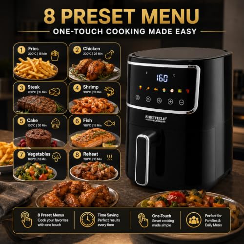 Image of SHEFFIELD CLASSIC 4.1L Air Fryer, 1400W Digital with 8 Presets for Easy Cooking - Fry, Grill, Roast, Bake, Uses 90% Less Oil, Family Size, One-Touch, 360 Circulation, Black - Best for Gifting