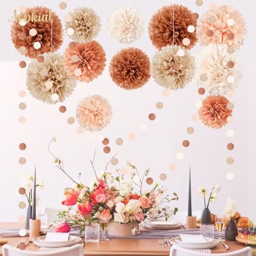 Image of AOBKIAT Fall Wedding Baby Shower Decorations Boho Style,15PCS | for Birthday Hanging Backdrop,Retro Bridal Shower,Halloween,Thanksgiving,with Brown Orange Peach Paper Pom Poms,Party Garland