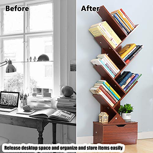 Genenic Tree Bookshelf with Drawers,8-Tier Floor Standing Bookcase,with Wooden Storage Rack Display Shelves Cabinet in Living Room/Home/Office for Books/CDs/Movies/Files (Teak Pattern, 8 Tier) - Thumbnail 7