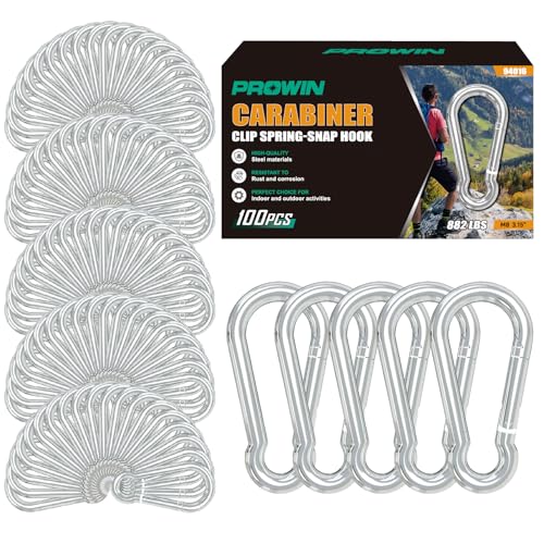 Prowin 100pcs M8 Heavy Duty Carabiner Clips, 882 lbs Capacity Spring Snap Hook, 3.15 Inch Galvanized Steel Quick Link for Hiking, Camping, Hammock, Pet Leash, Outdoor Gear