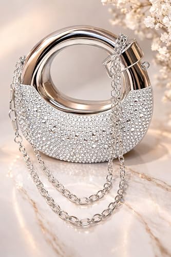 Image of Crystal Embellished Evening Clutch Bag with Curved Handle, Rose Gold Metallic Finish, Detachable Chain Strap, Mini Size