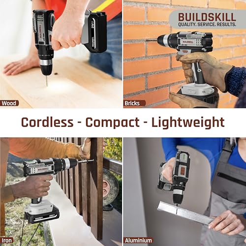 Image of BUILDSKILL 21V Cordless Drill Machine for Home Use | Impact Drill with 10MM Keyless Chuck | 1.5 Ah Single Battery | Charger | Variable Speed | LED Light | Forward & Reverse Motion | 6 Months Warranty