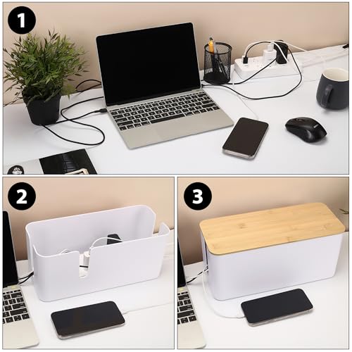 Image of ZhiYo Large Cable Management Box, Thick ABS Power Strip Organizer, Black | Extra-Tall Design for Oversized Adapters, Natural Bamboo Lid, Fits Power Strips Up to 12.5 inch Long, Ideal for Desks, TV Areas