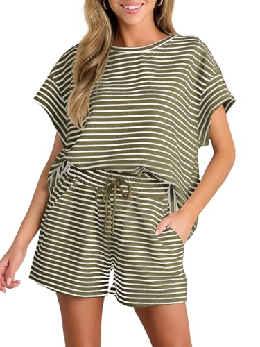 Tankaneo Damen Zweiteiler Kurzarm Lounge Set Sommer Outfits Gestreifte Lockere Pyjama Set Hausanzug Rundhalsausschnitt T Shirt mit Shorts