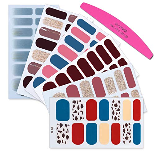 SILPECWEE 6 Sheets Adhesive Nail Polish Stickers Solid Color and 1Pc Nail File Nail Art Decals Nail Strips Wraps Manicure Kit for Women
