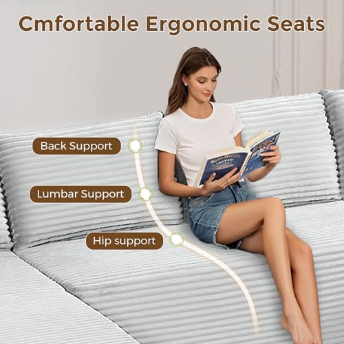 Image of 133 inch Oversized Cloud Boneless Sofa Couch with Chaise, Modern Corduroy Modular Sectional Sofa with Deep Seat, Comfy Couch with cupholders and Storage, No Assembly Required-Light Grey