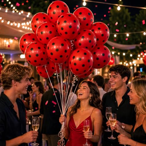 Image of TONIFUL 100 Pack Red Polka Dot Latex Balloons 12 Inch - Black Dots on Red for Ladybug Themed Birthday Carnival Baby Shower Graduation Party Decorations