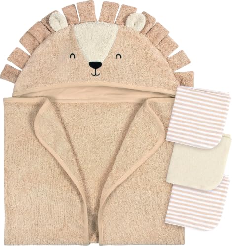 Image of Gerber Baby 4 Piece Animal Character Hooded Towel and Washcloth Set, Brown Lion, One Size (Pack of 12)