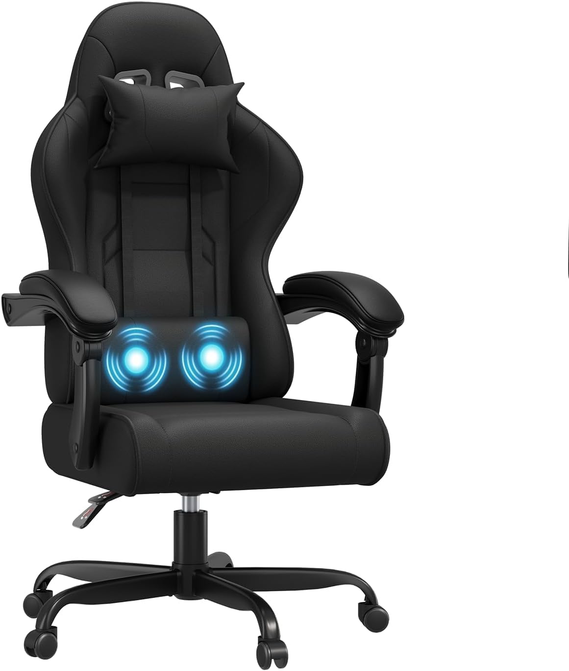 JUMMICO Gaming Chair with Massage Function,Racing Desk Chair Style High Back Reclining 135°, PU Leather Home Office PC Gaming Chair 150 kg - Black