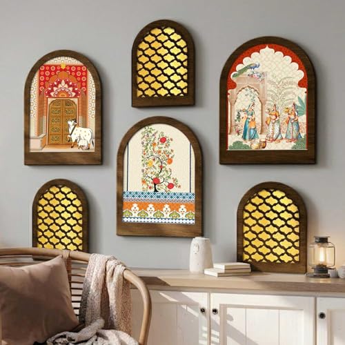 Image of Jharokha MDF Mirror for Home Decor | MDF Traditional Mirrors for Home Decoration | Wall Mirror Decor Hanging for Living Room Bedroom Office Set of 6 (9x12 inch & 7.5x9.5 inch)