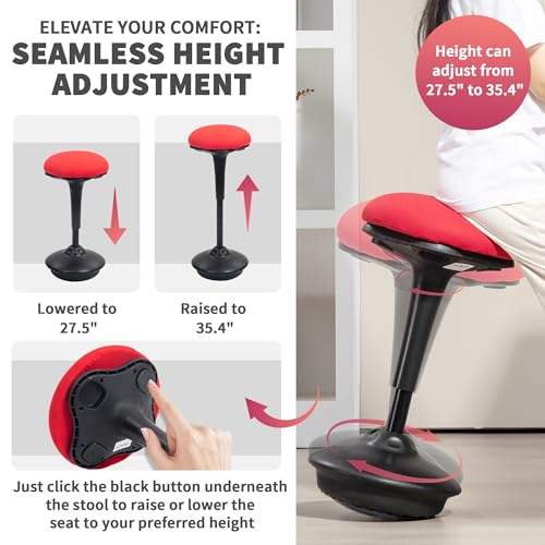 Image of HOMCOM Backless Wobble Stool Chair, Standing Desk Chair, Adjustable Active Ergonomic Learning Stool for Office Desks, with Rocking Motion, Padded, Red
