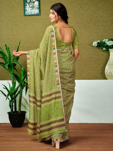 Image of Satrani Women's Chanderi Cotton Printed Ready To Wear One Minute Pre Pleated Readymade Saree with Unstitched Blouse Piece