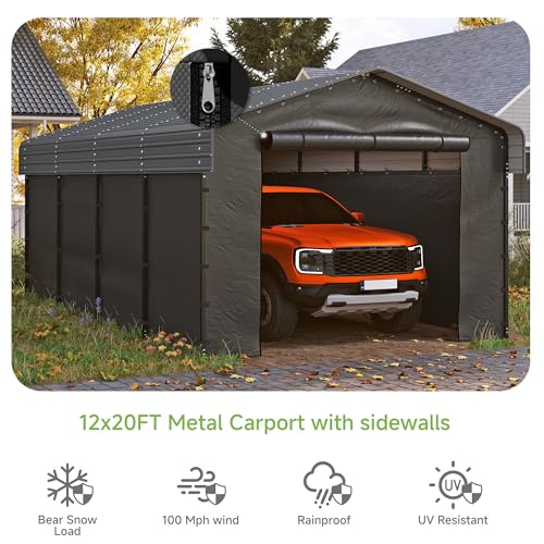 Image of Real Relax 12'x20' Heavy Duty Metal Carport, Outdoor Garage Car Shelter Shade with Galvanized Roof & Removable Sidewalls, Heavier Metal Frame for Car and Boats, Truck Grey