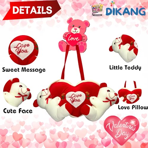 Image of DIKANG Hanging Couple Teddy Bear with Heart for Valentine's Day Gift | Valentine Gift for Boyfriend /Girlfriend /Husband /Wife - 20cm (Off-White & Red)