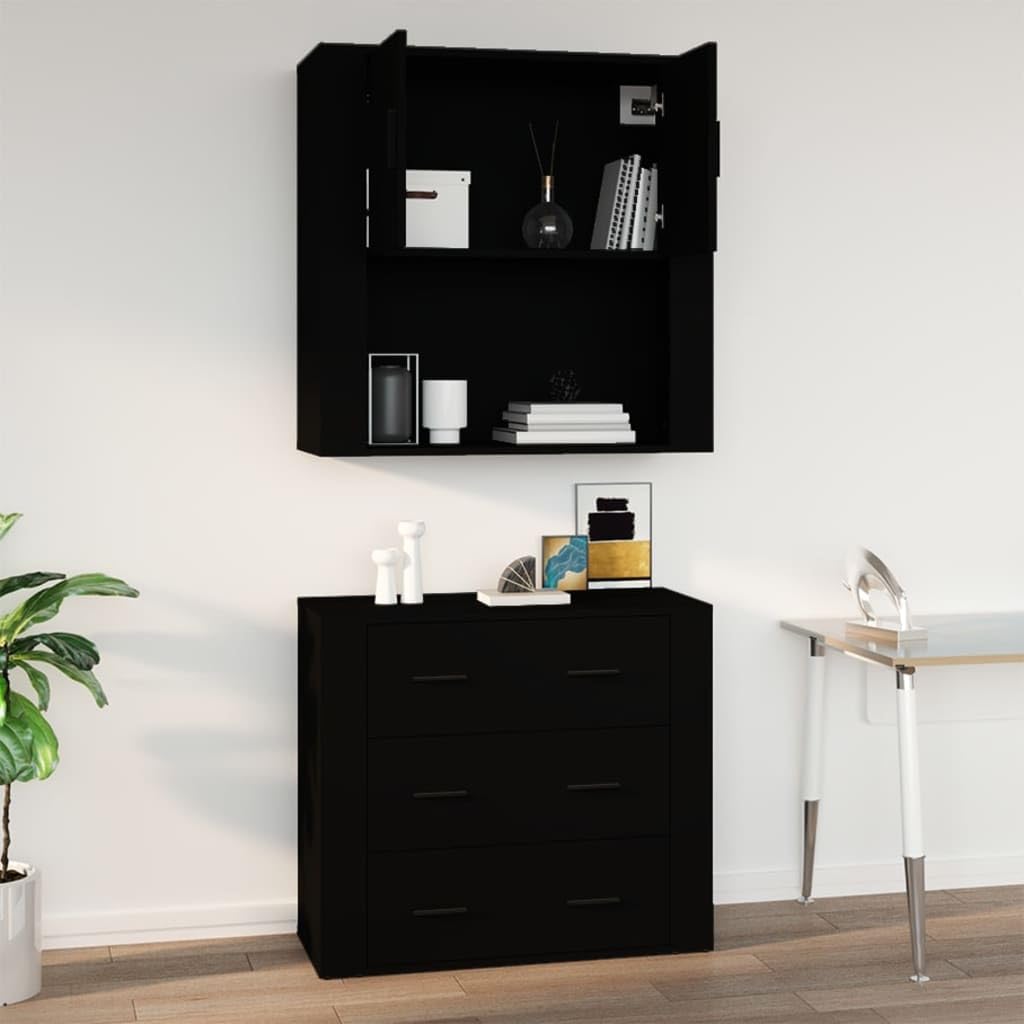 Armario decorativo para aparador, armario colgante de madera con instrucciones de montaje para montaje en pared, armario para cocina en negro, 80 x 33 x 80 cm
