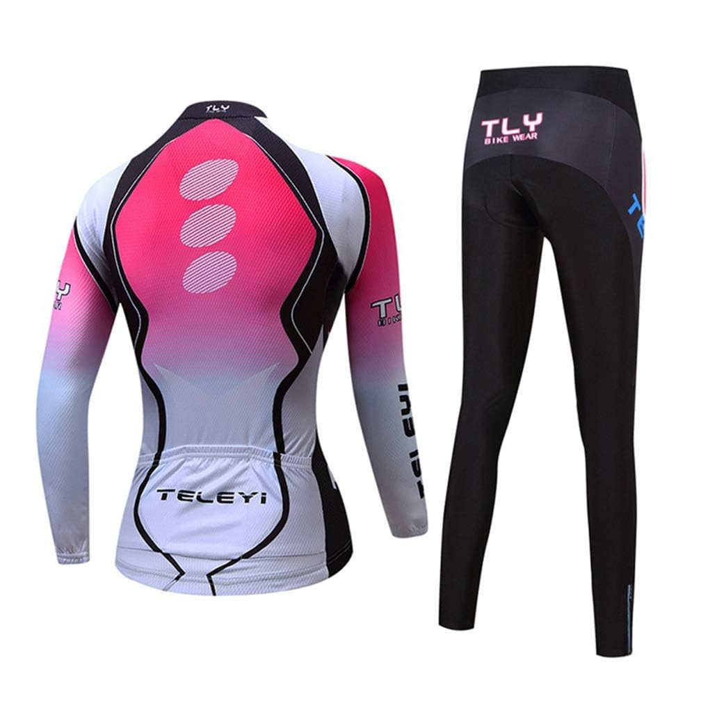 Women's Cycling Clothing Set Long Sleeve Thermal Fleece Cycling Jersey MTB Bicycle Riding Bike Padded Pants White Pink M