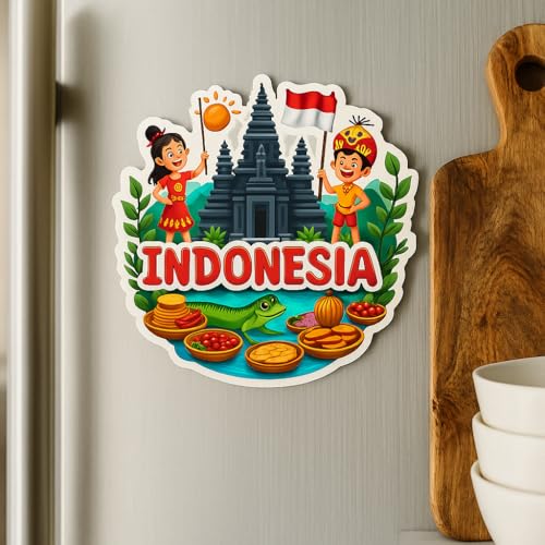 Image of Naxon Indonesia Country Theme Souvenir Wooden Refrigerator Stylish Fridge Magnet - Fridge Decoration Magnet for Kitchen & Home Decor | Perfect Souvenir Gift | Size 3x3 Inches | Pack of 1