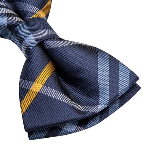 Image of Hi-Tie Plaid Blue Orange Bow Ties for Men Handkerchief Lapel Pin Cufflinks Mens Bowtie Sets for Wedding Formal Party