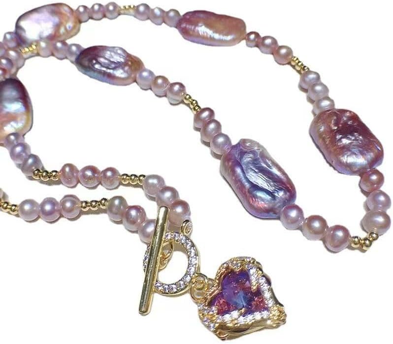 Natural Freshwater Pearl Ocean Heart Necklace, Gorgeous Purple Baroque Collarbone Chain, approximately 17.72 inches, a jewelry gift for ladies.