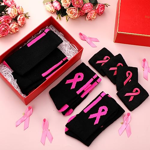 Hercicy 16 Pcs Breast Cancer Awareness Socks and Wristbands Set 4 Pairs Breast Cancer Football Socks Pink Ribbon Socks 4 Pairs Wrist Sweatbands for Women Youth Athletic Support Accessories4