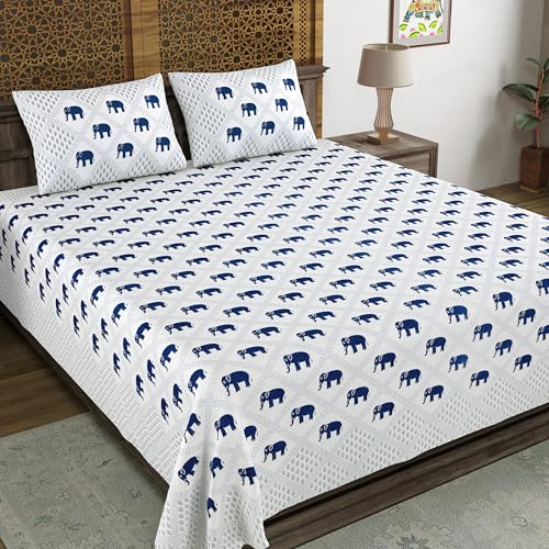 Image of BLOCKS OF INDIA Hand Block Printed 200 TC Cotton Super King Size Bedsheet (Blue GAD ELE)