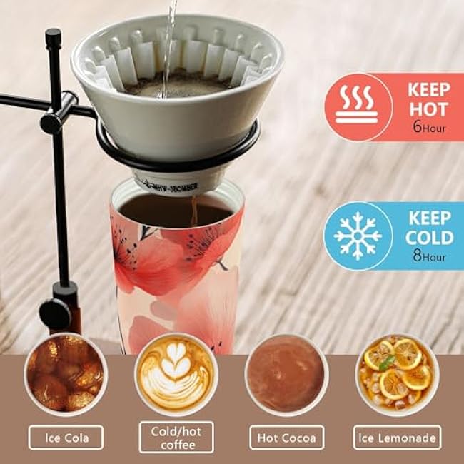 17 oz Insulated Coffee Mug Red Florals Watercolor with Straw and Leak Proof Lid Double Wall Water Bottle Stainless Steel Vacuum Thermal Travel Drinking Cup for Hot/Cold Drink