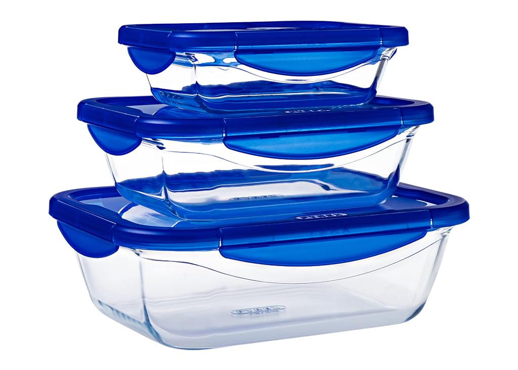 PYREX Cook & Go - Lot de 3 LunchBox Rectangulaires - 0.8L, 1.9L, 3.5L - Verre Borosilicate - Compatible four, micro-ondes et lave-vaisselle - Made in France
