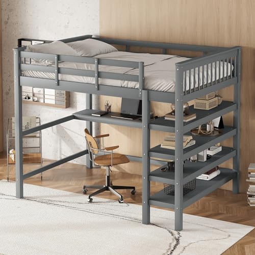KecDuey Cama alta con somier de láminas de madera, con escaleras, estantes y escritorio debajo de la cama (gris, 140 x 200 cm), WX000114