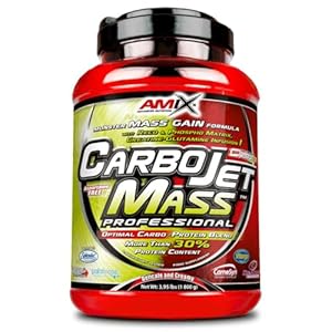 AMIX – Complemento Alimenticio – Carbojet Mass Professional – Carbohidratos y Proteínas para Aumentar la Masa Muscular – Concentrado Proteína de Suero – Recuperador Muscular – Fresa y Plátano – 1,8 KG