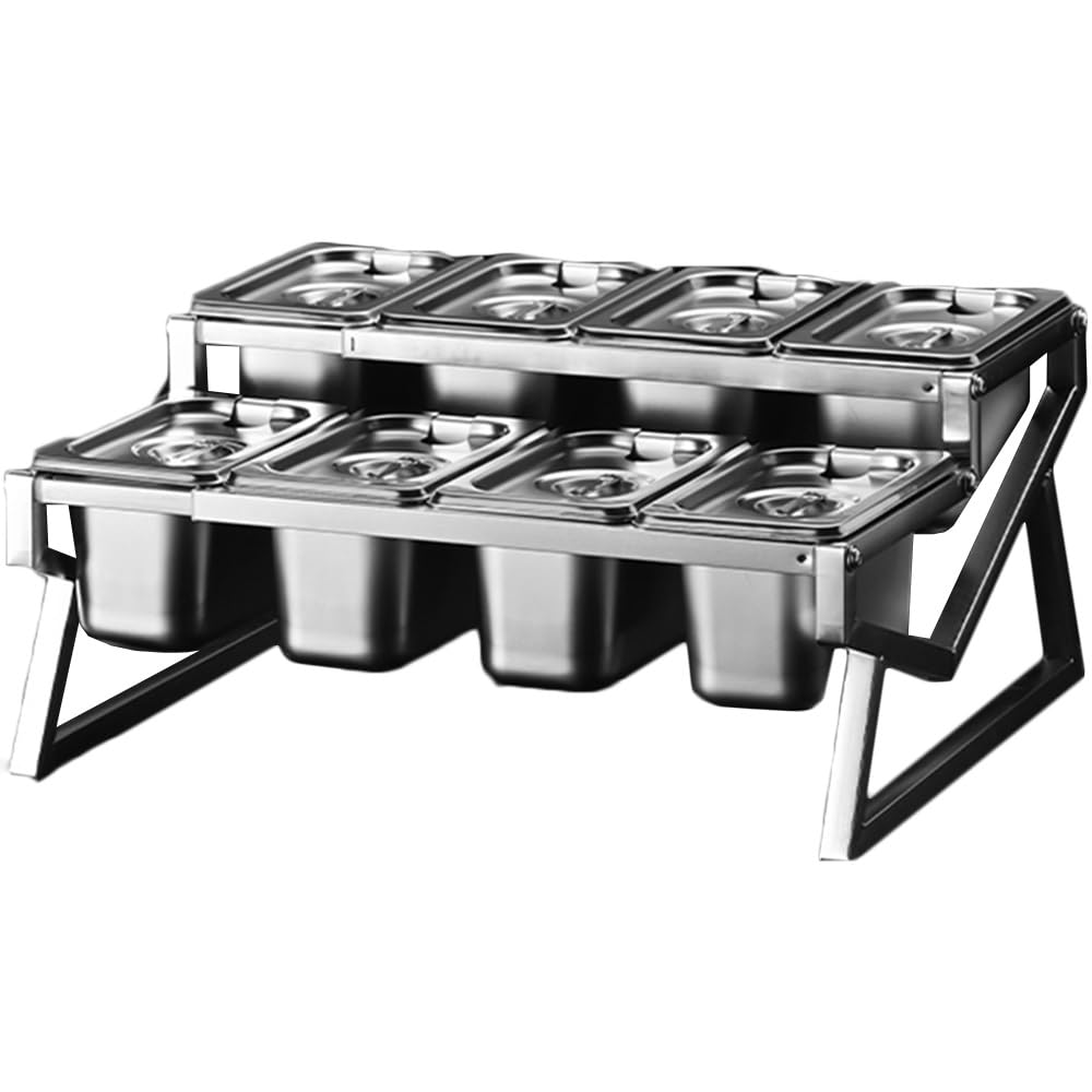 WDSOPK 10 Pans Stainless Steel Standing Spice Rack With Cover Kit,2 Row Retractable Compartments Organizer Holder,Countertop Multiple Storage Seasoning Box Silver (17.3X14.6X8.3IN)