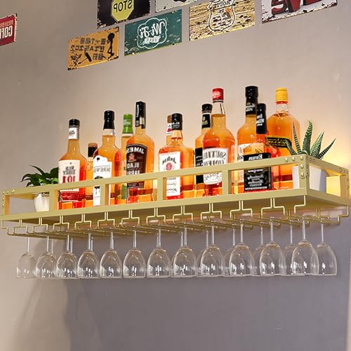 Étagère de bar murale avec LED et porte-verres suspendu en métal noir