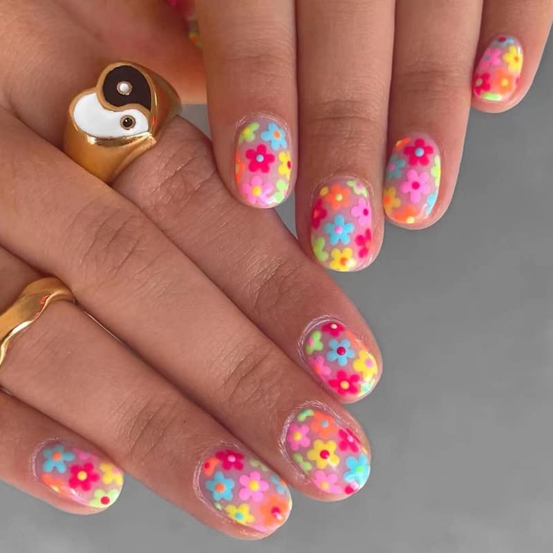 Vatocu Square False Nails Short Rainbow Flowers Press on Nails Summer Fake Nails Acrylic Stick on Nails for Women and Girls (24pcs)
